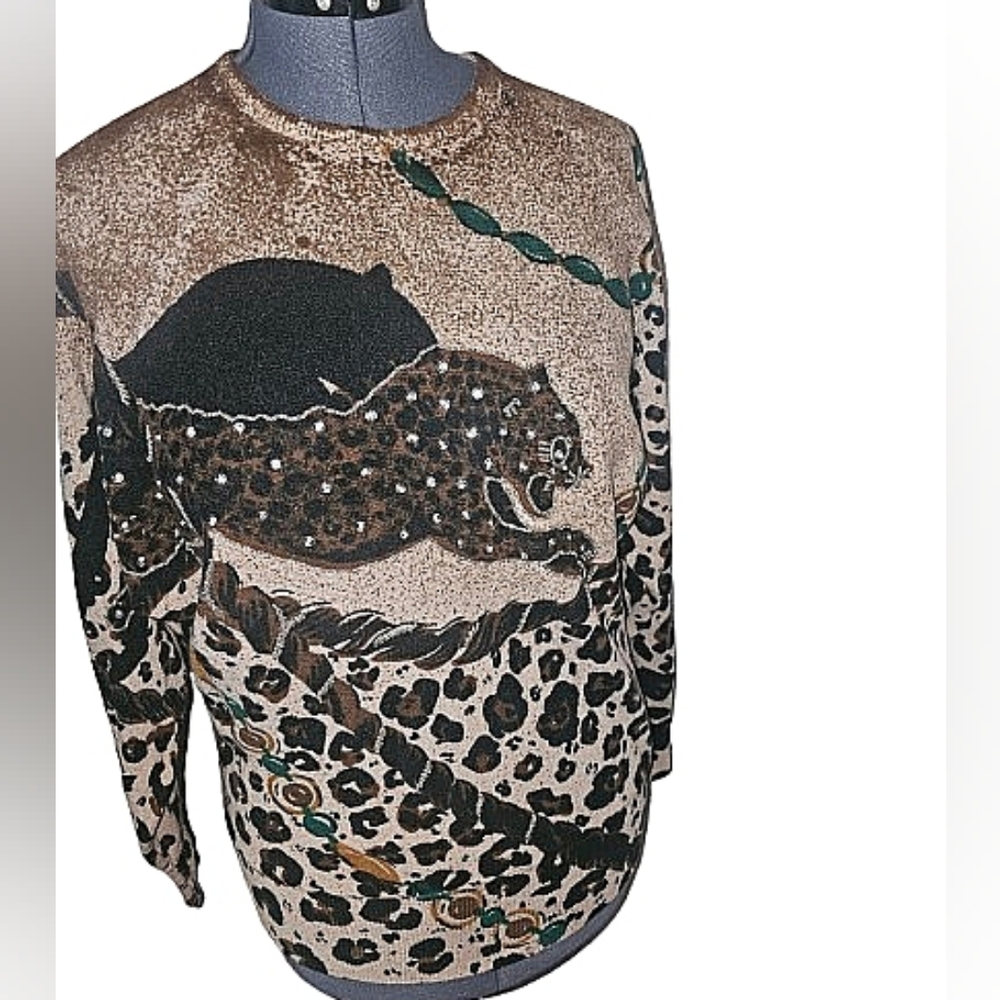 Vintage SML Sport Lambswool Leopard Sweater in Brown and Green M